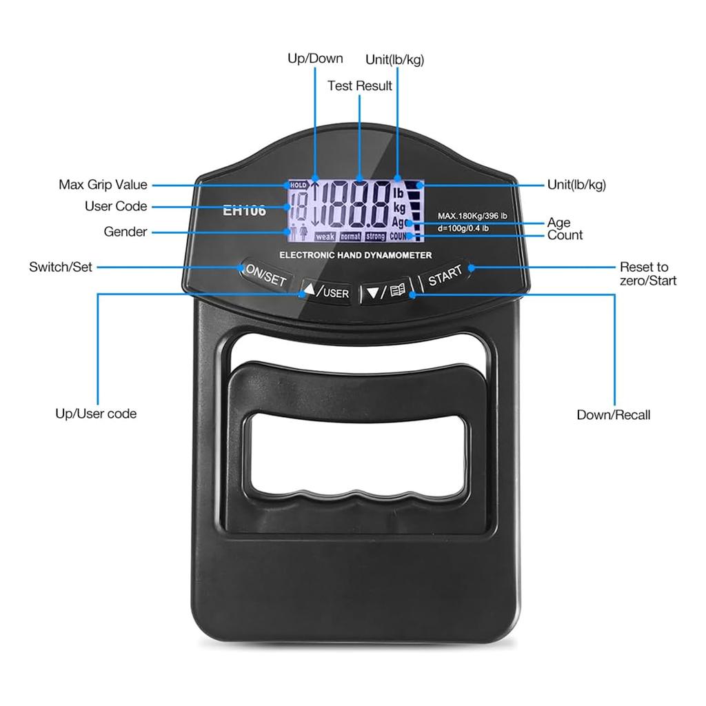 396lb/180kg Hand Dynamometer Hand Force Meter Hand Grip Strengthener Hand Grip Training Gauge for Sport School Home Use