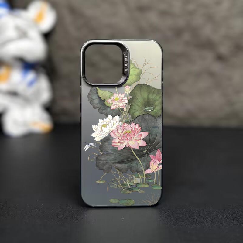 Chinese Ink Painting Lotus Pond Floral Pattern Design Protective Cover for iPhone 17 16 15 14 13 12 11 16E Series Pro Max Plus