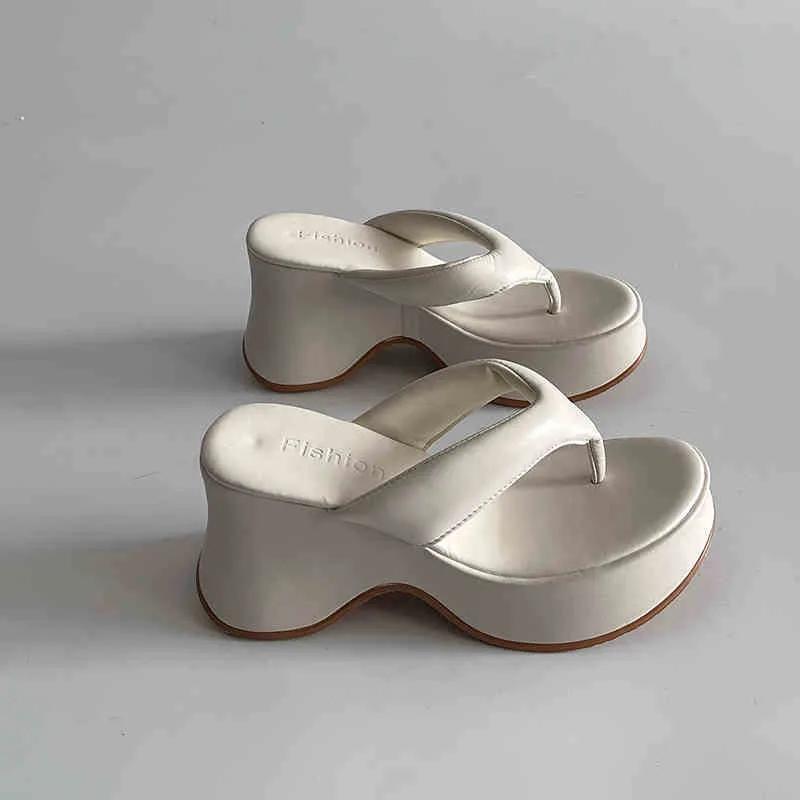 Sommer Zehensteg Damenmode Hausschuhe Plateau Keilabsatz Kleid Pantoletten Lässig Outdoor Flip Flop