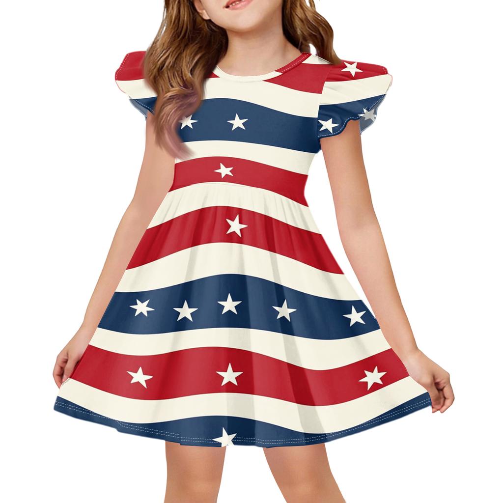 Girls Dress Sleeveless Ruffle Sleeve Independence Day Spliced Star Pattern Casual A-Line Dress for Kids