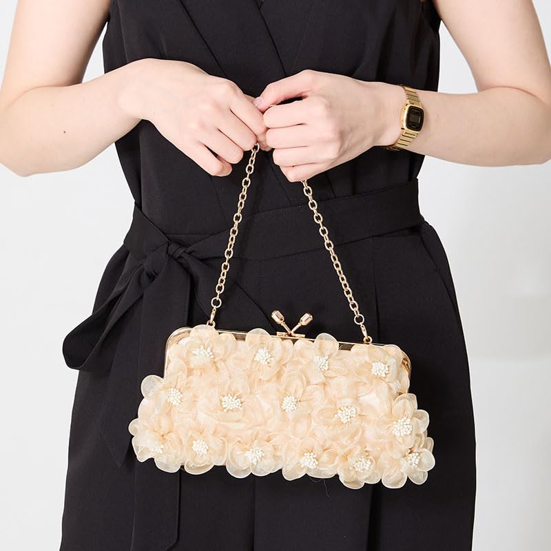 Clutch clasp flower with attached shoulder chain BEIGE [Oriental Traffic] bag, handbag, purse, motif, occasion, strap, strap, women's,