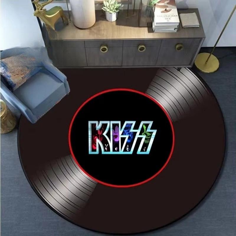 Retro Rockband Musik Schallplatte Runder Teppich Flanellteppich für Schlafzimmer Rutschfest Waschbare Fußmatte für Wohnzimmer Stilvolle Deko-Matten