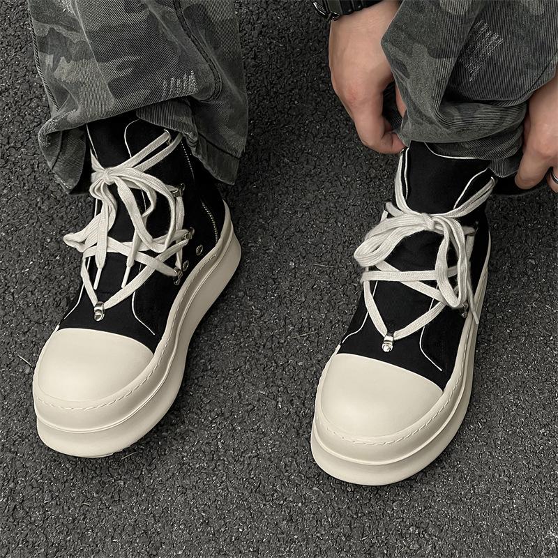 New European and American short boots high-top canvas breathable black and white personalized thick bottom thickening and orgasm