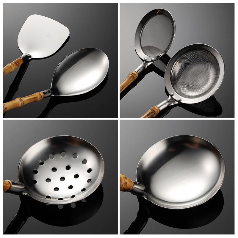 304 Stainless Steel Bamboo and Wood Handle Japanese Soup Shell Colander Mini Shovel Multi-style Mesh Colander Natural Bamboo Joint