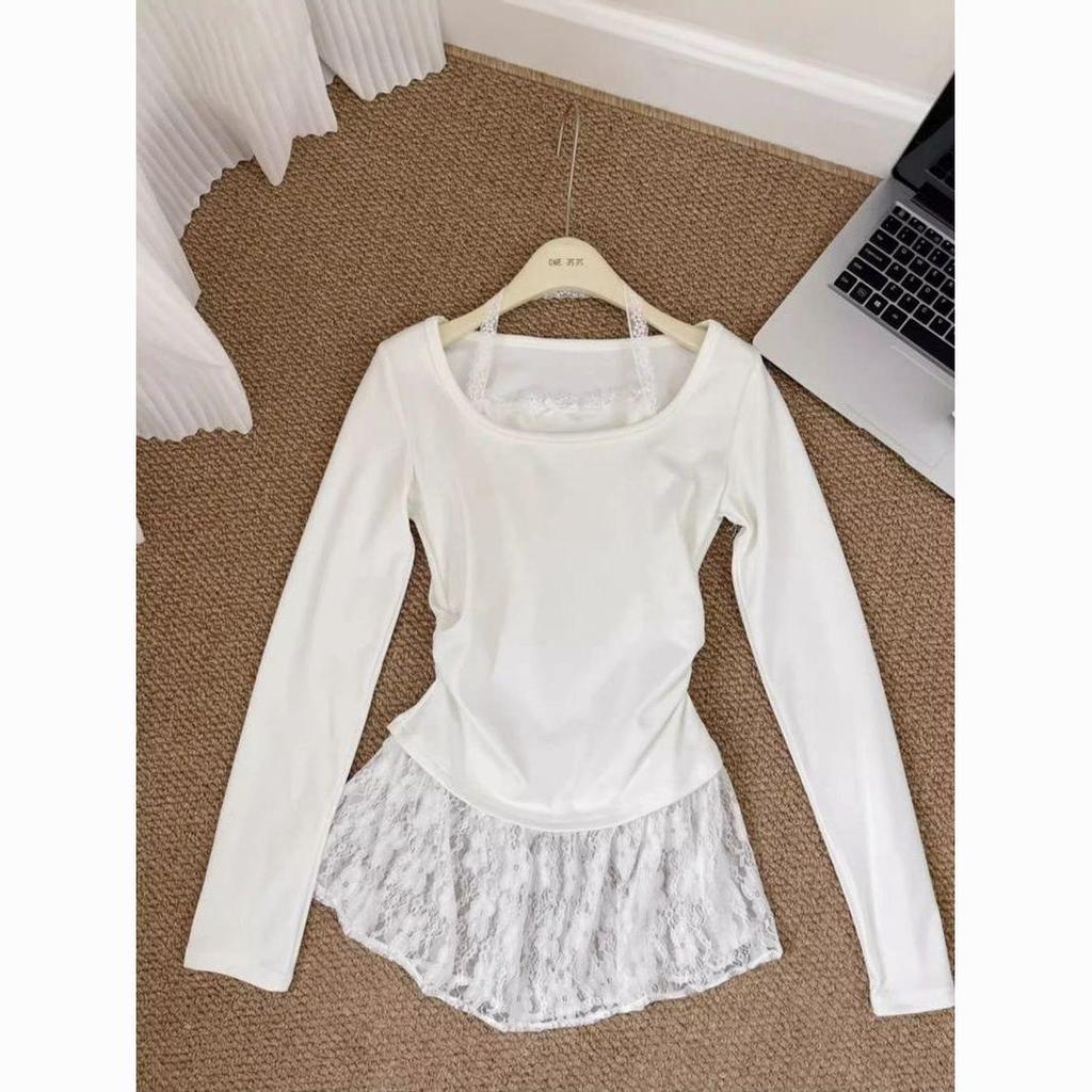 Spring & Autumn Ballet Style Lace Halter Layered Long Sleeve Women's T-shirt