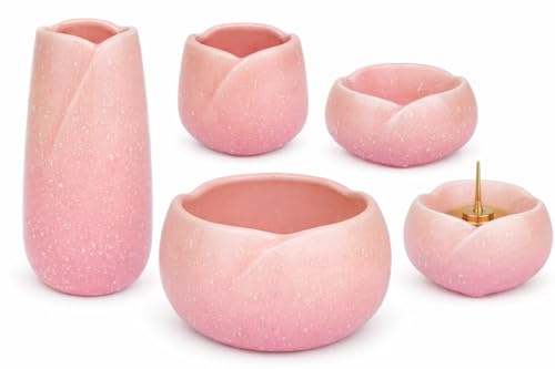 Urushi Product Buddhist Altarware 5-Piece Set (Pink): Incense Burner, Candle Holder, Flower Vase