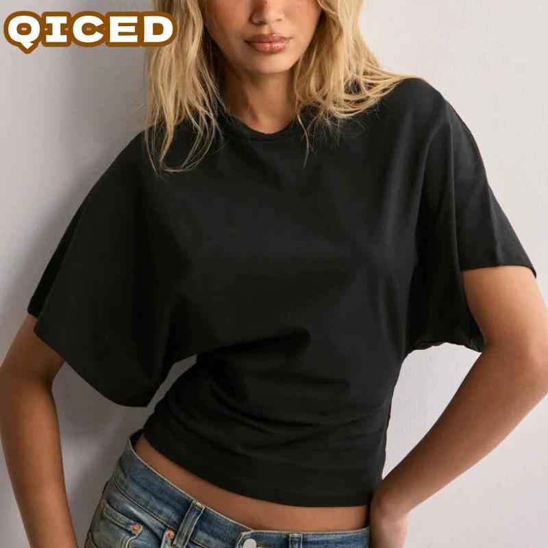 QICED Women's Fashion Casual Solid Color Print Short Sleeve O-Neck Blouses & Shirts Unique Design