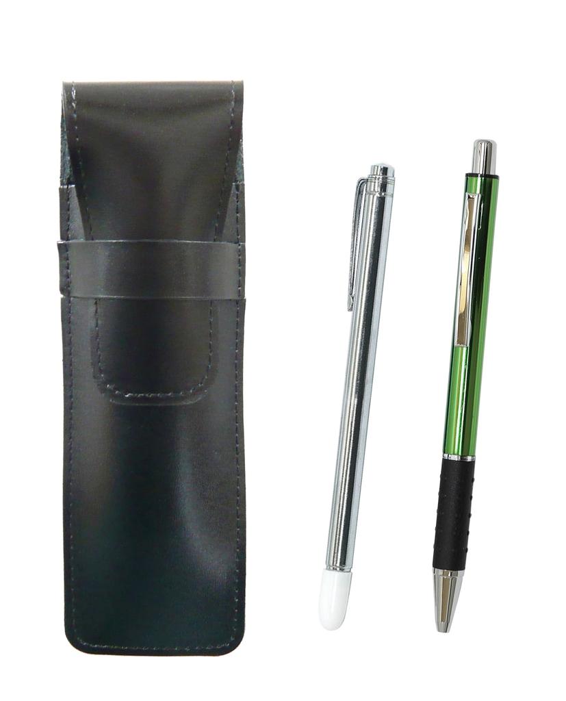 Slim cowhide pencil case metal indicator stick and metal pitch grip ballpoint pen green black, & set, ASB-701S-WZ2067BP-G