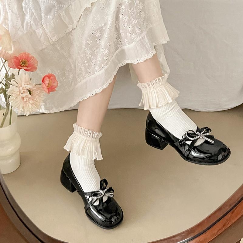 Block Heel Mary Jane Single Shoes Women's Round Toe Shallow Slip Rhinestone Bow Slip Anti-Slip Wear-Resistant High Heels