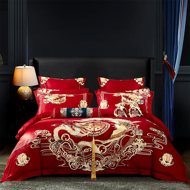 High-End Long-Staple Cotton Wedding 4Pcs Set Chinese Wedding Wedding Kit Big Red Embroidery Pure Cotton Wedding Bedding