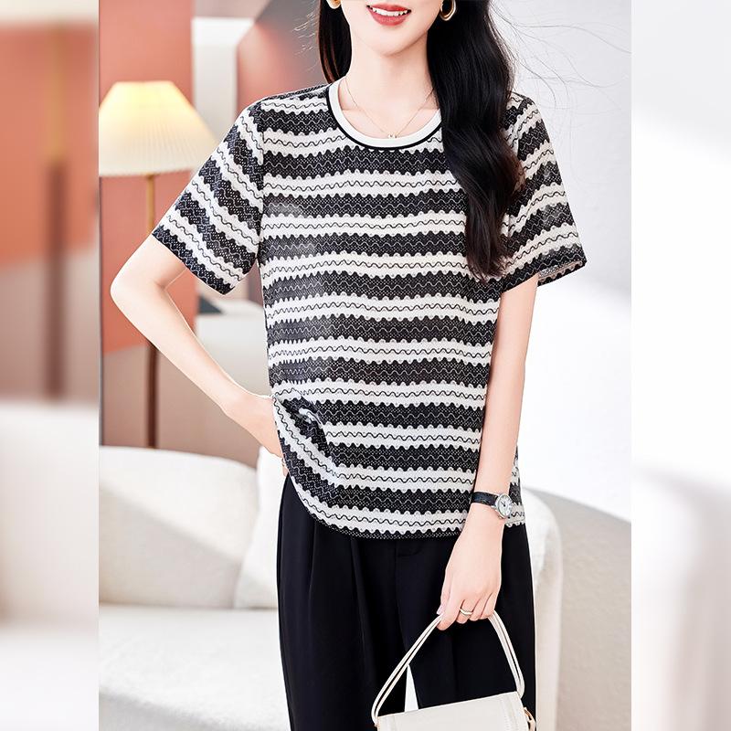 

Женская футболка с коротким рукавом из шелка, новая универсальная свободная повседневная полосатая, омолаживающая, топ из шелка-тутового шелкопряда 3XL [Recommended 135~ 72.5 kg]