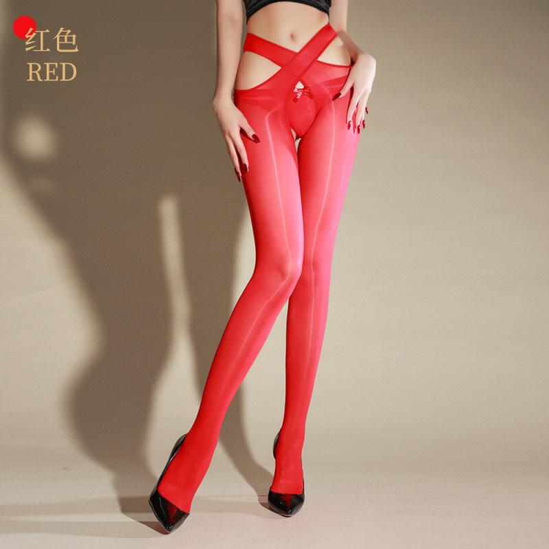 Sexy Horse Oil Stockings Cross Open Crotch Pantyhose 8D Glossy Tights Summer Ultra-thin Women's Erotic Temptation Black Stocking