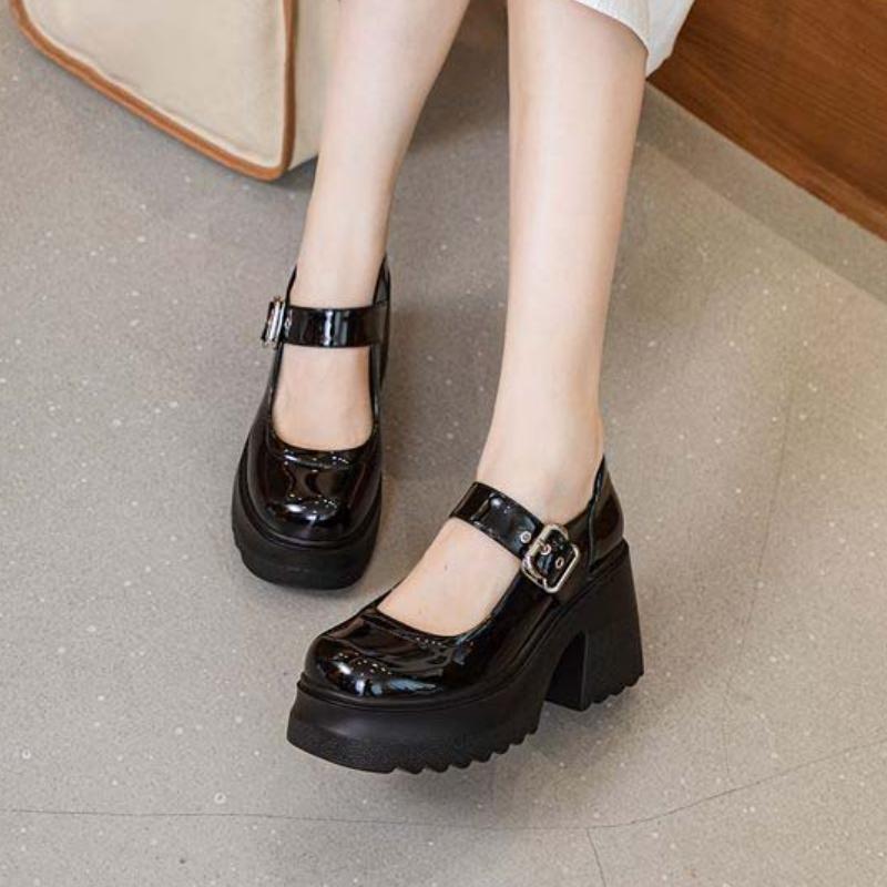 Туфли Fujin из натуральной лакированной кожи высотой 10 см дышащие на толстом каблуке с пряжкой на платформе туфли-лодочки Mary Jane осенние летние ботильоны весенняя обувь 40 чёрный 5770₽