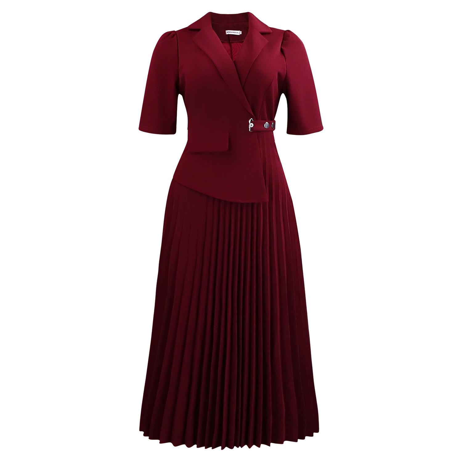 Women Elegant Solid Color Turn Down Collar Half Sleeve High Waist Midi Pleated Dress S