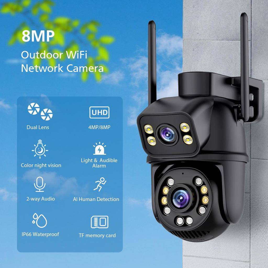 iCSee Dual-Lens HD WiFi Outdoor Surveillance Camera with Gun-Ball Linkage, Waterproof Design
