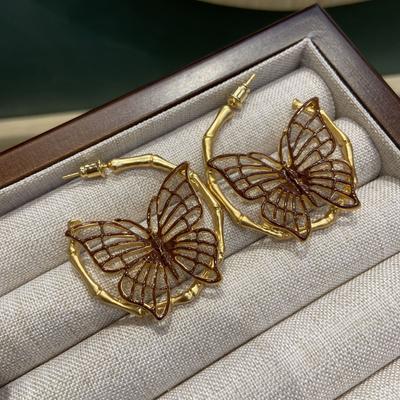 Medieval Vintage Western Copper Gold-Plated Bamboo Joint Hollow Oil-Dripping Butterfly Earrings Women'S Retro Wind Big Stud Earrings