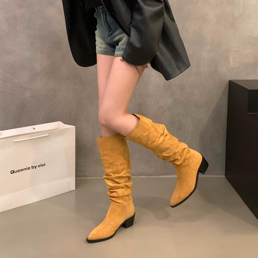 Pointed toe high heels khaki stacked boots boots women's shoes 2025 new spring, autumn and winter skinny long knight boots