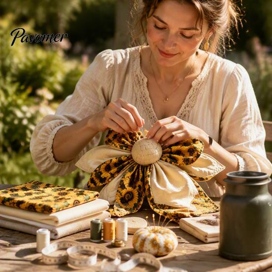 Kit de Costura Patchwork con Lazo Decorativo Estilo Cabaña Hecho a Mano, Tela Grande DIY Girasol Suministros para Acolchado Hobby Kit de Manualidades Acolchadas de Calabaza para Adultos,