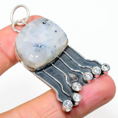 Natural Rainbow Moonstone, Topaz Gemstone 925 Sterling Silver Pendant 2.48" R8v80