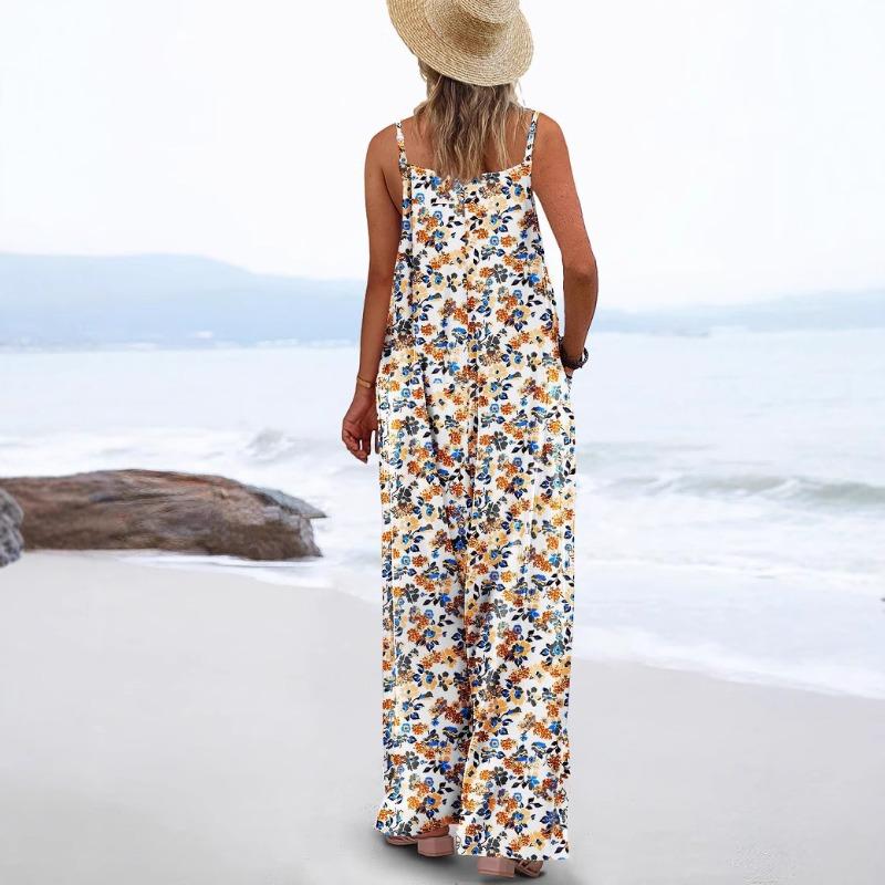 DAFIFY Women's Fashion Casual Summer Spring Flower Pattern Print Sleeveless Suspenders Loose Waistline Trousers Jumpsuits & Rompers