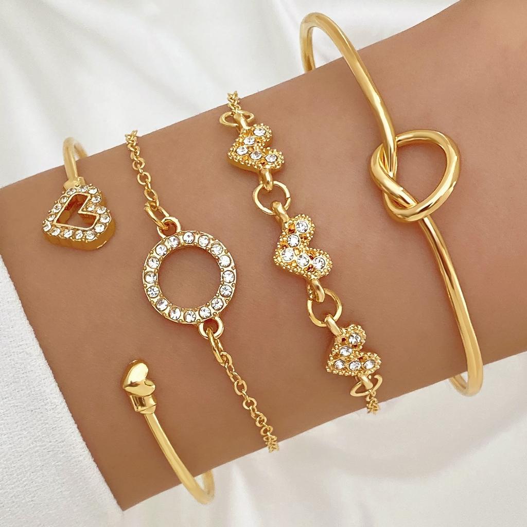 5Pcs/ Set Bohemia Minimalism Multilayer Love Heart Hollow Out Open Mouth Bracelet Set for Women Metal Chain Bangle Zircon Gifts