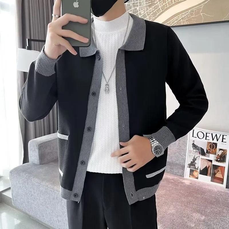 Knitted Sweater Men's Cardigan Jacket Korean Style Casual Autumn and Winter Lapel Contrast Long-sleeved Top