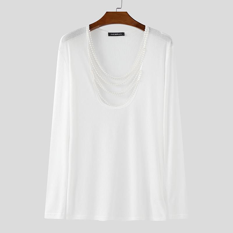 INCERUN Men Beading Low Cut Neck Long Sleeve Fitted Tops T-shirts Undershirts