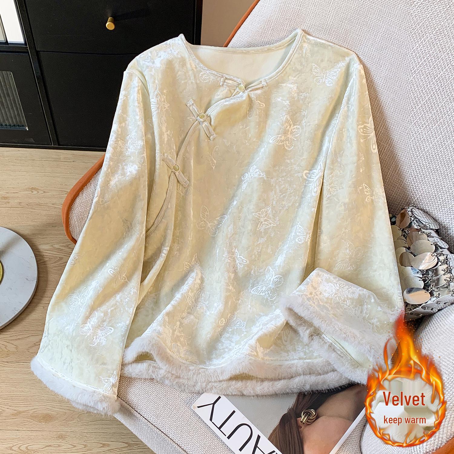 

Женский топ из белого бархата высокого класса: Осенне-зимняя утолщенная базовая рубашка в новом китайском и национальном стиле с норкой Small белый