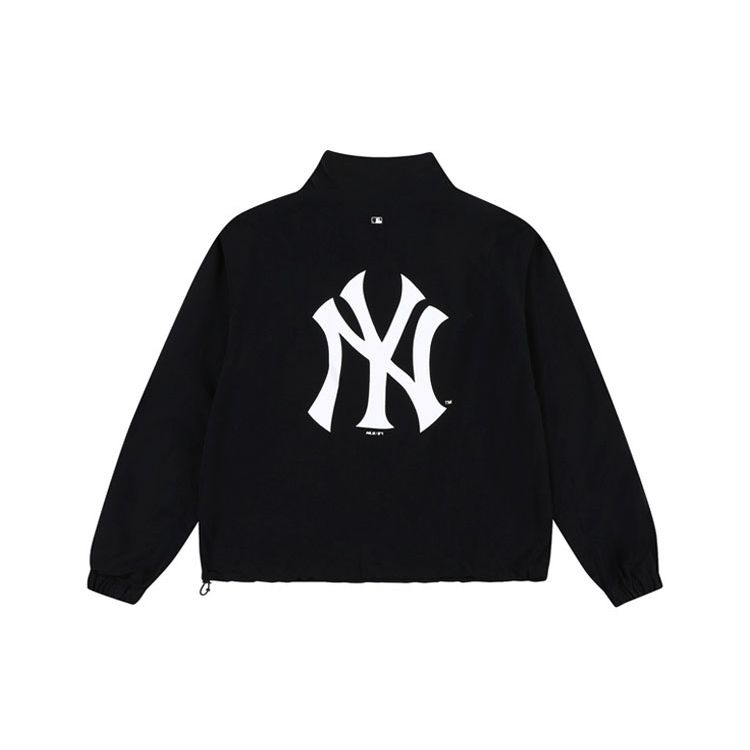 MLB Back Logo Printed Loose Windbreaker Retro Stand Collar Fitted Soft Shell Long Sleeve Jacket Women jackets Black 31JPW2131-50L
