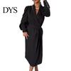 Slim Fit V-neck Dress Women Formal Business Style Turn-down Collar Long Sleeve Pure Color Belt Lace-up Cross Cardigan Spring Midi OL Commuting