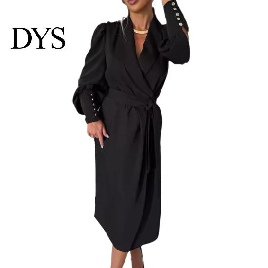 Slim Fit V-neck Dress Women Formal Business Style Turn-down Collar Long Sleeve Pure Color Belt Lace-up Cross Cardigan Spring Midi OL Commuting
