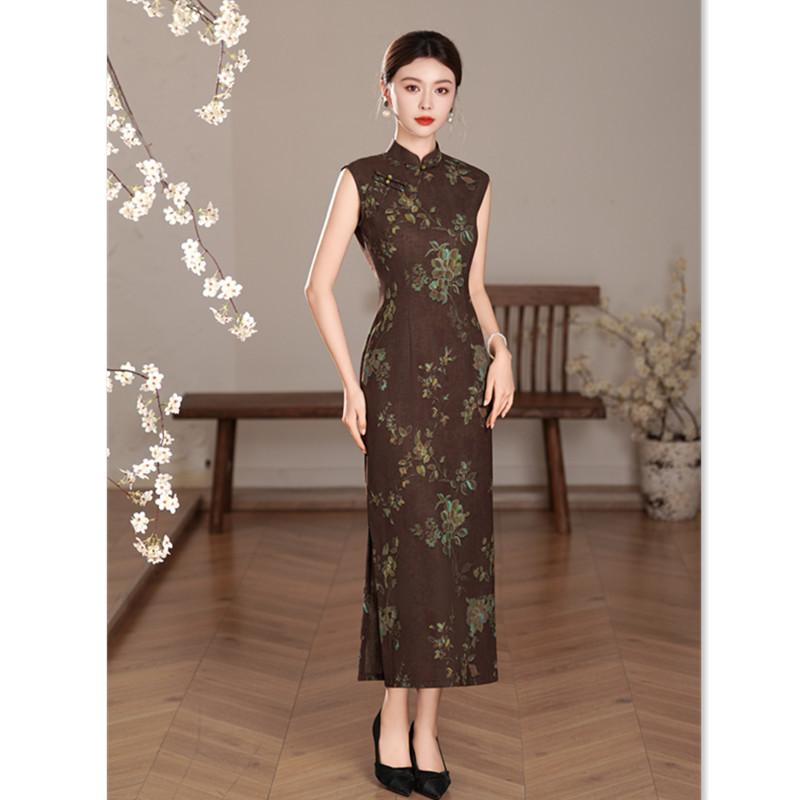 New Chinese Hong Kong Style Sleeveless Tencel Hemp Cheongsam Women's 1011 Summer New Waist Slim Young Daily Wear