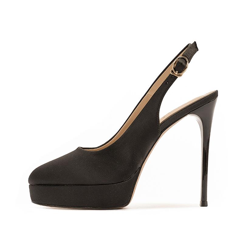 

136-8 Black satin high heels women s thin heels Baotou empty sandals women s super high heels waterproof table work shoes 34