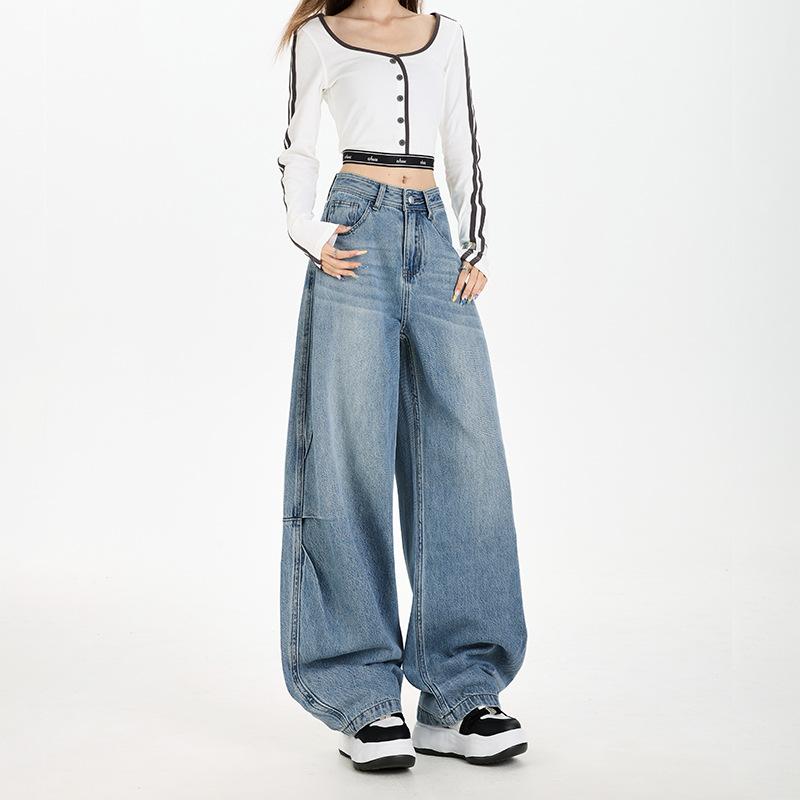 American Retro Military Green Tooling Scimitar Jeans Women's Autumn and Winter New Relaxed High-waisted Loose Wide-leg Pants
