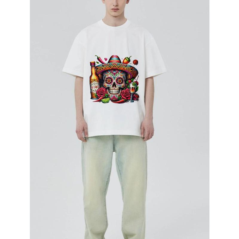 Mexikanischer Tag der Toten Schädel T-Shirt Schwarz Bunter Zuckerschädel mit Sombrero Rosen Chilischoten Tequilaflasche und Cocktail-Aufdruck für Party Festival