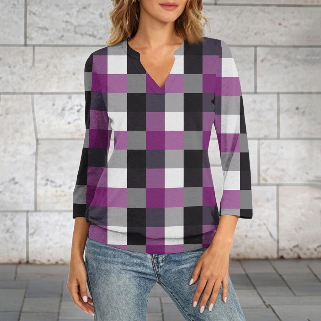 Women's 3/4 Sleeve Top Neck Hem V,Neck Summer Casual ,Shirt Plaid Printed Top