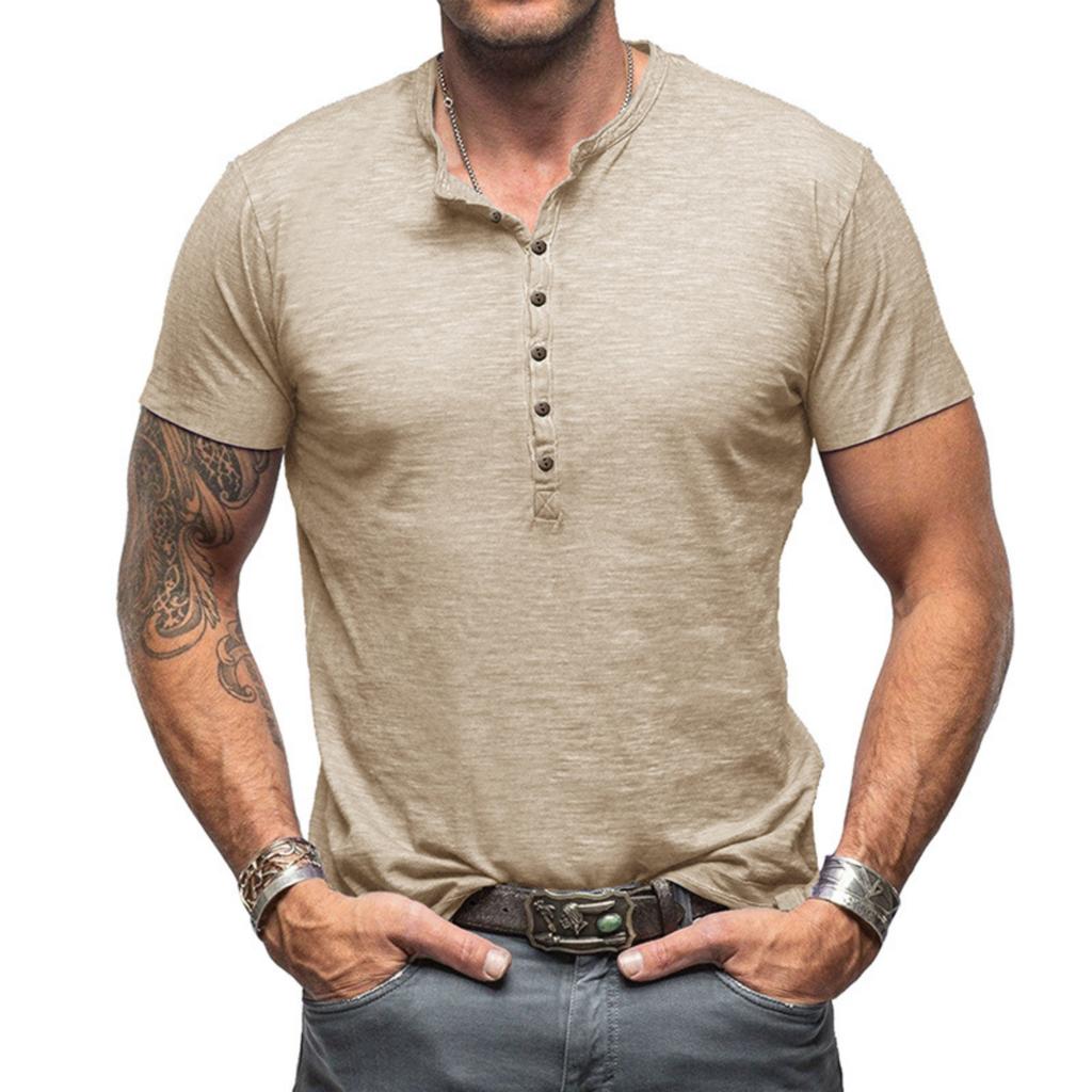 Men's Casual Sporty -color Base Layer Shirt, Men's Button-down Round-neck Short-sleeved Top