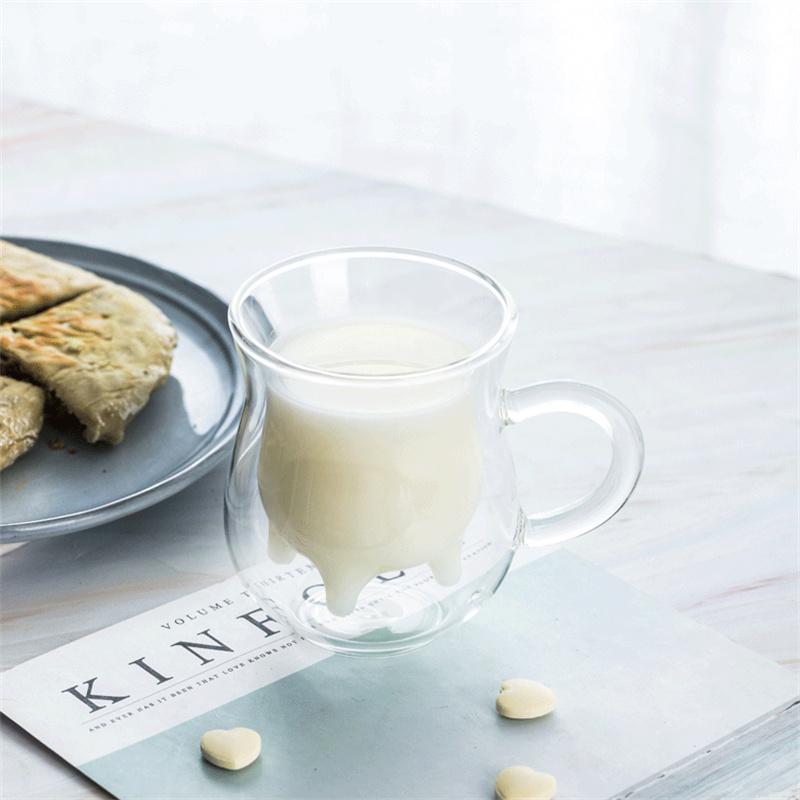 Cute Heat-resistant Double Wall Glass Cow Udder Shape Milk Cup Handle Juice Coffee Mugs Creative Gift
