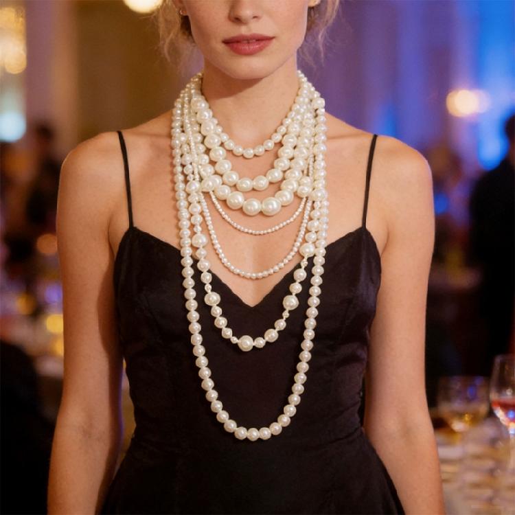 Modern Round Pearls With Ring Chain Layering Necklace Earrings Gift Pack Evening Wear Stone Accessories For Her