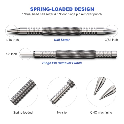 Glieskir Spring-Loaded Nail Set Tool, Dual-Head Nail Setter and Hinge Pin Punch Set, Hammerless 1/16" & 3/32" Spring Nail Set, Super Strong Door Pin R