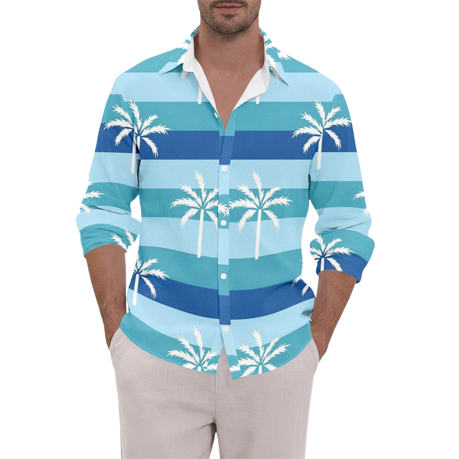 

Men s Loose Fit Long Sleeve Beach Shirt Lightweight Button Down Casual Shirt with Floral Print for Summer Outdoor Activities XXL синий
