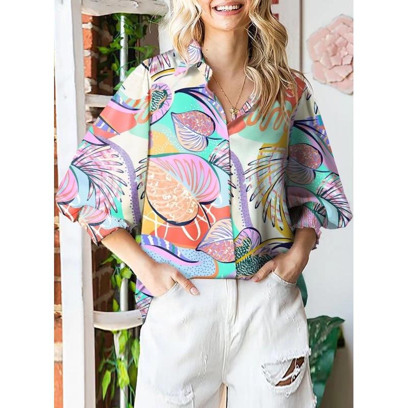 Tooxika New Women's Long-sleeved Printed Tops Lapel Lantern Sleeve Shirts For Women