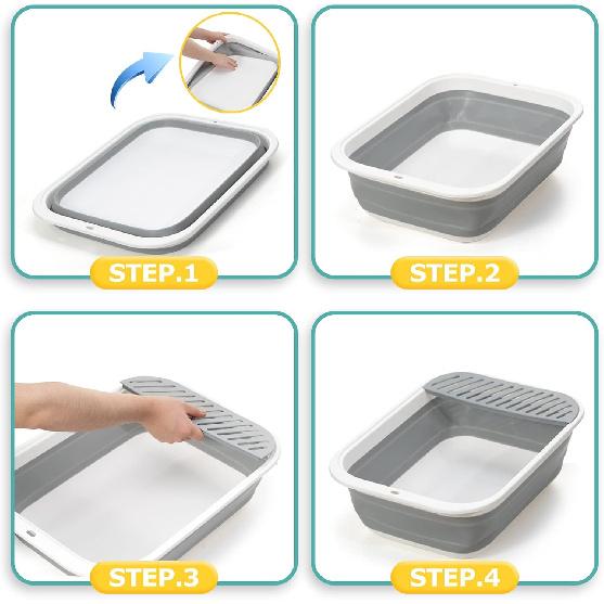 Foldable Cat Litter Box, Large Height-Adjustable Anti-Splash Open Air Kitty Litter Pan, Easy Clean with Scoop (Gray)