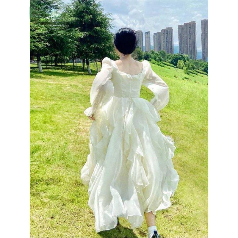 Abito lungo in chiffon fata vintage da donna bianco elegante abito longuette da festa francese manica a sbuffo abbigliamento casual da donna