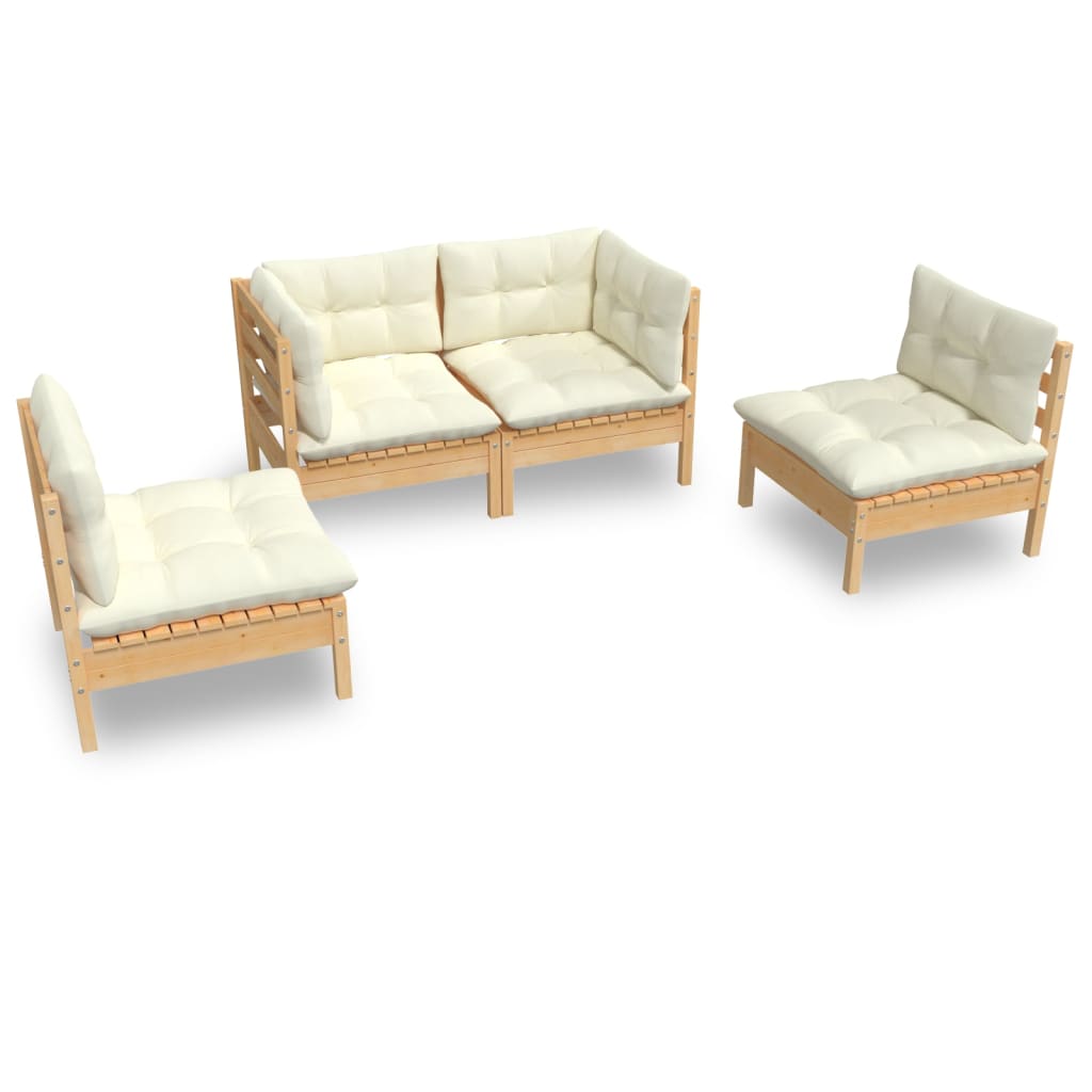 4 Piece Garden Lounge Set with Cream Cushions Solid Pine Wood
