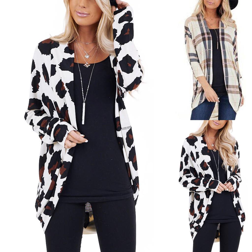 

Мода Женский Открытый Фронт Леопард Клетчатый Длинный Рукав Легкое Пальто Кардиган