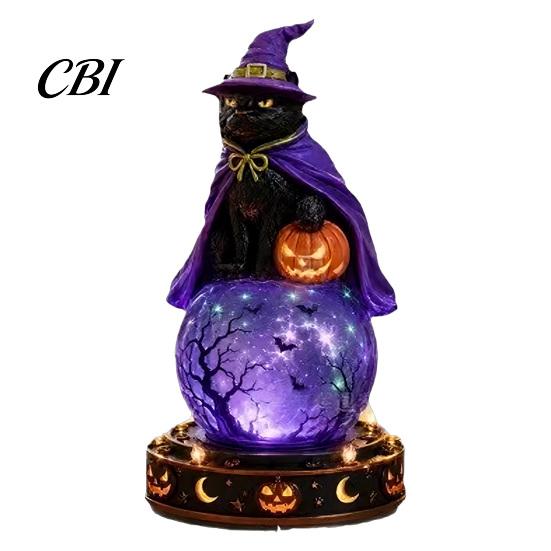 Halloween Table Decor LED Lighted Faux Crystal Ball Decoration, Resin Witch/Skeleton/Cat/Ghost Figurine with Unique Gift for Friends Green/Purple