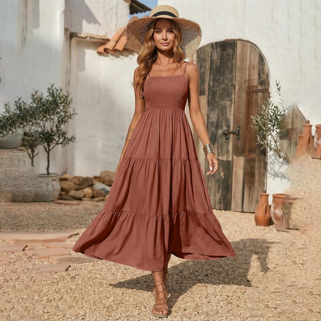 Fashionable Women's Casual Printed Tube Top Shoulder Strap Swing Dress