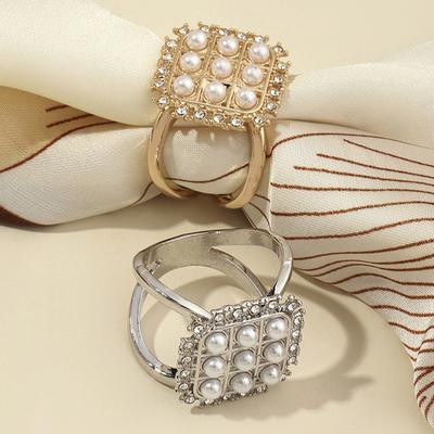 Square Faux Pearl Scarf Ring Rhinestone T-shirt Tie Clip Shawl Silk Scarves Ring Wrap Holder Clasp Slide Buckle Women Clothing Accessories