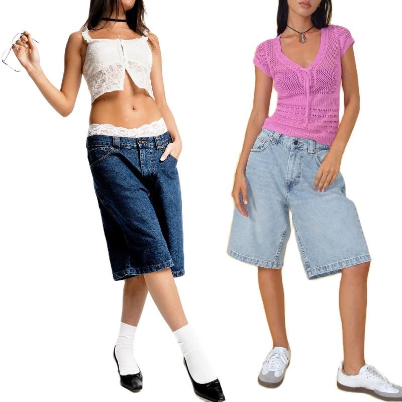 Damen Schlanke Denim Capri-Hose Mittlere Leibhöhe Ohne Stretch Baumwolle Street Style